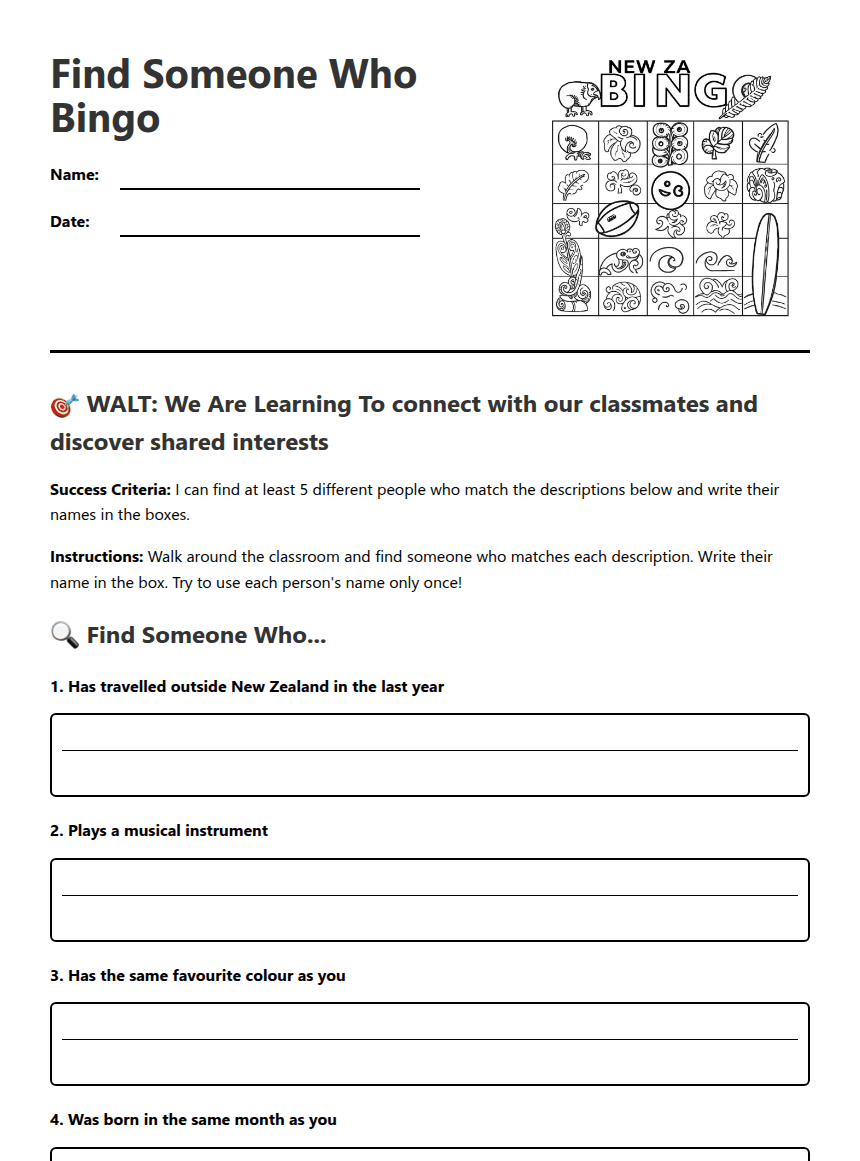 Find Someone Who Bingo worksheet preview