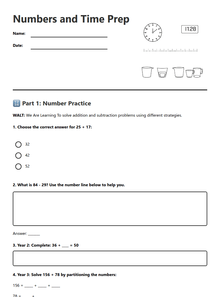 Numbers and Time Prep worksheet preview