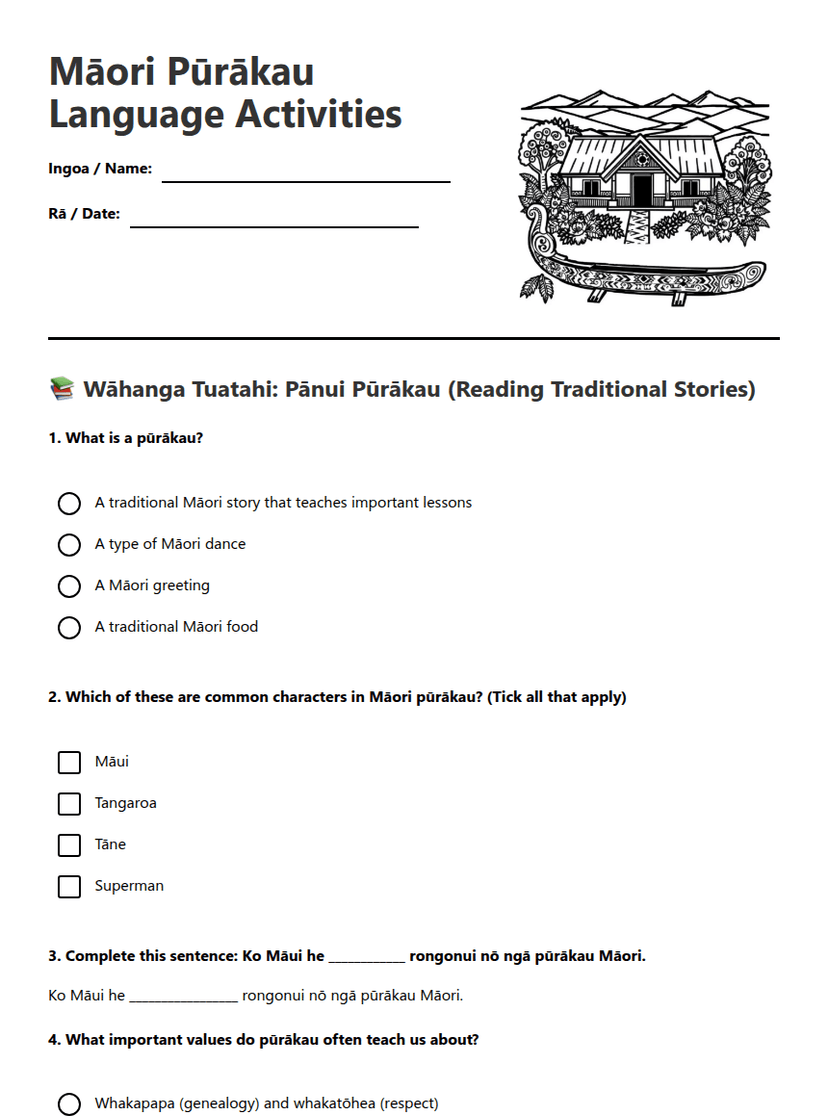 Māori Pūrākau Language Activities