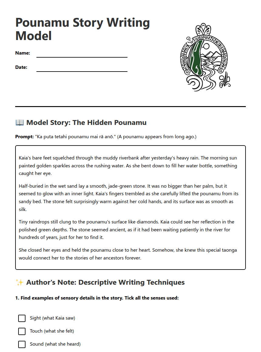 Pounamu Story Writing Model worksheet preview