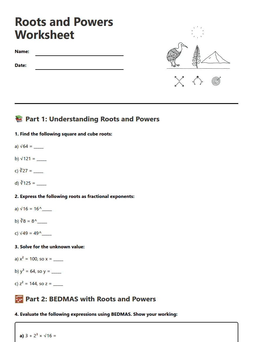 Roots and Powers Worksheet worksheet preview