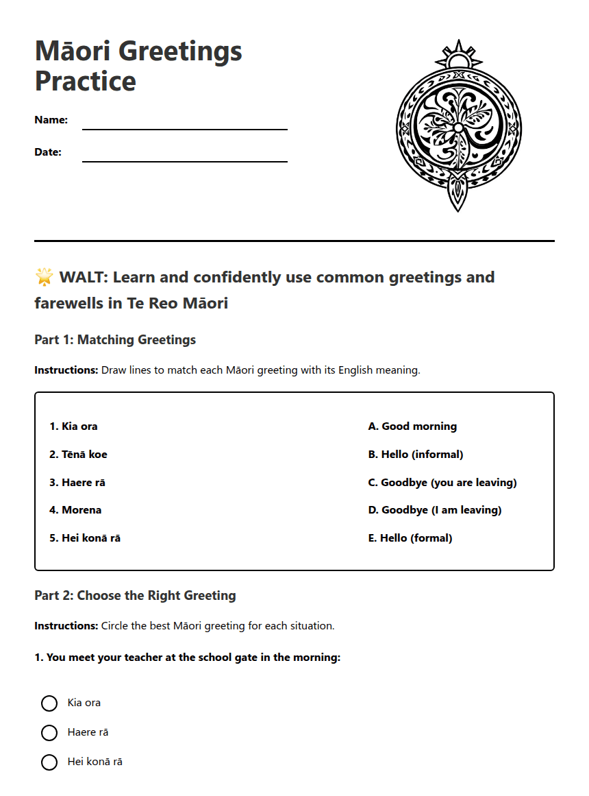 Māori Greetings Practice worksheet preview