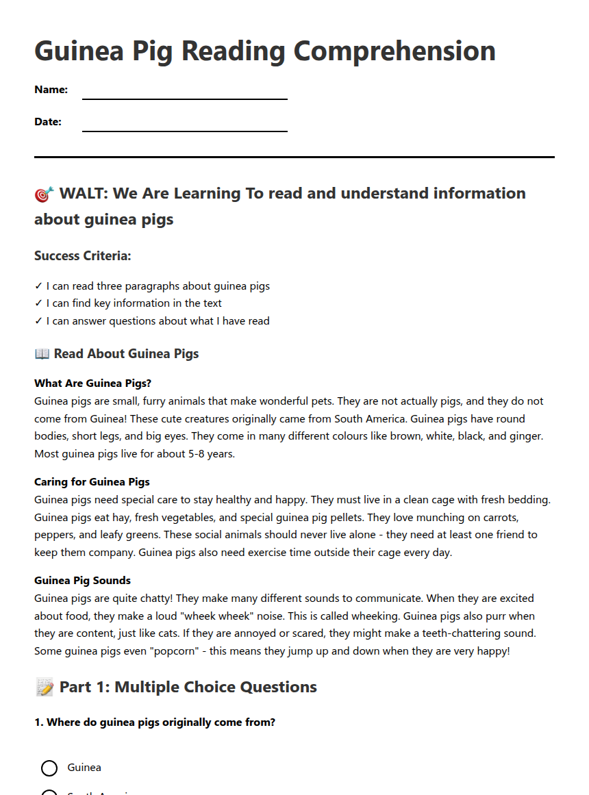 Guinea Pig Reading Comprehension