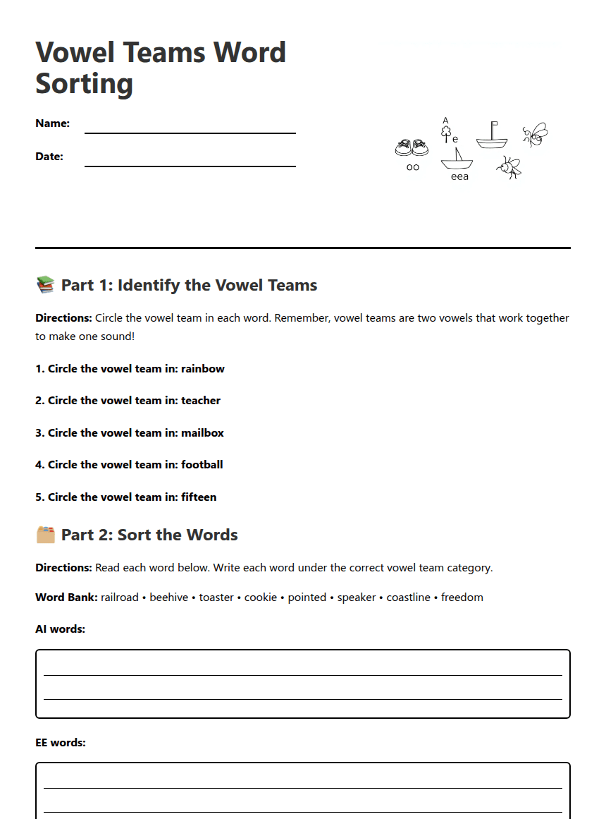 Vowel Teams Word Sorting worksheet preview