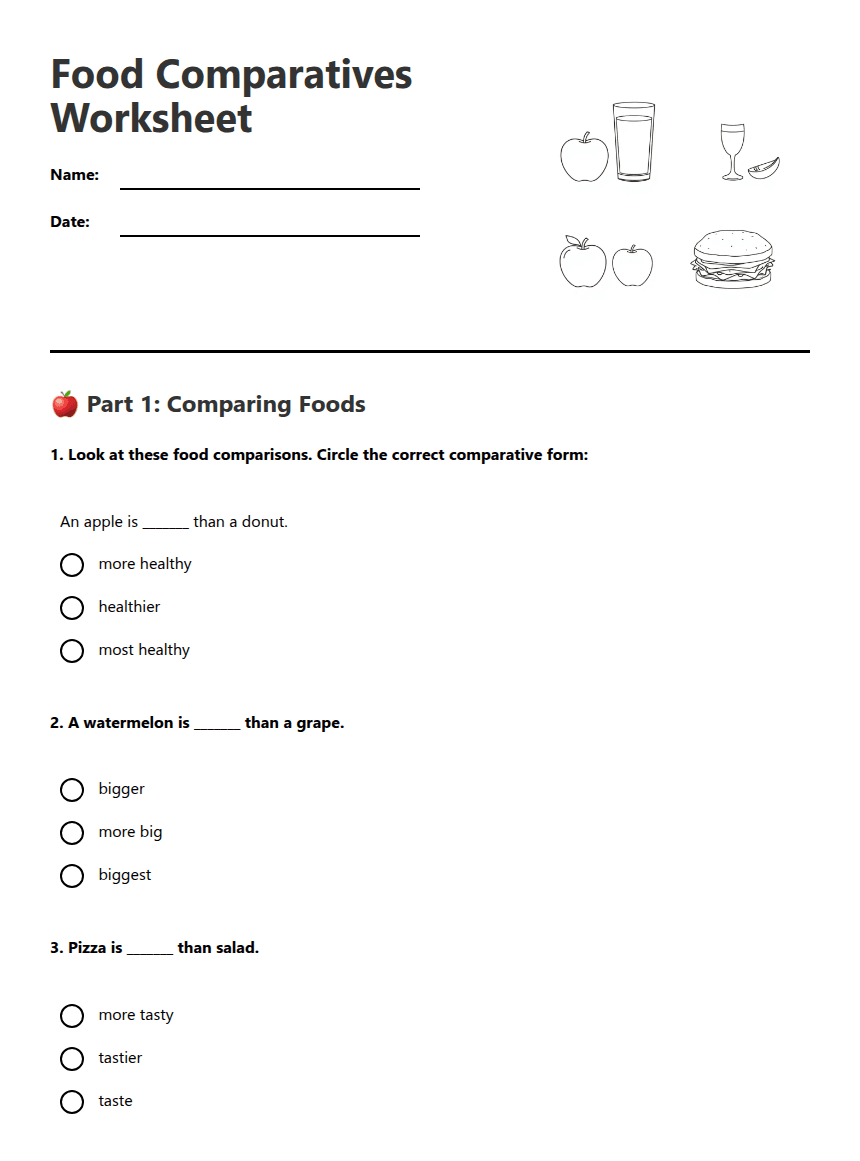 Food Comparatives Worksheet worksheet preview