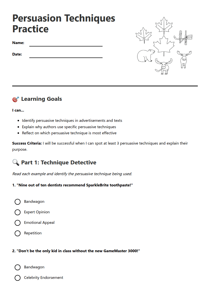 Persuasion Techniques Practice worksheet preview
