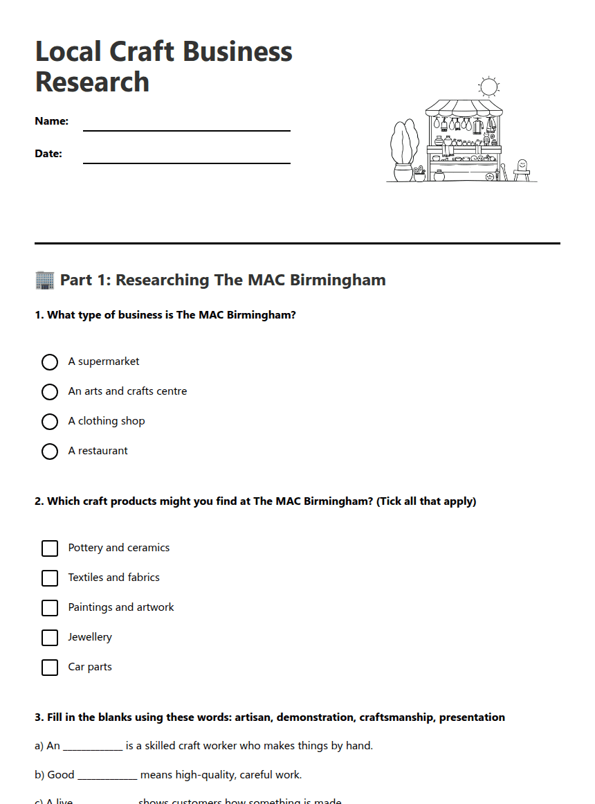 Local Craft Business Research worksheet preview