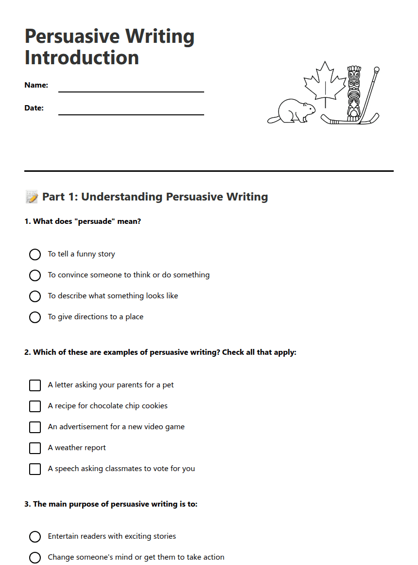 Persuasive Writing Introduction worksheet preview