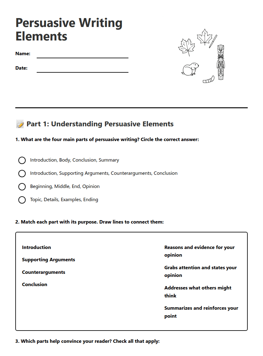Persuasive Writing Elements worksheet preview