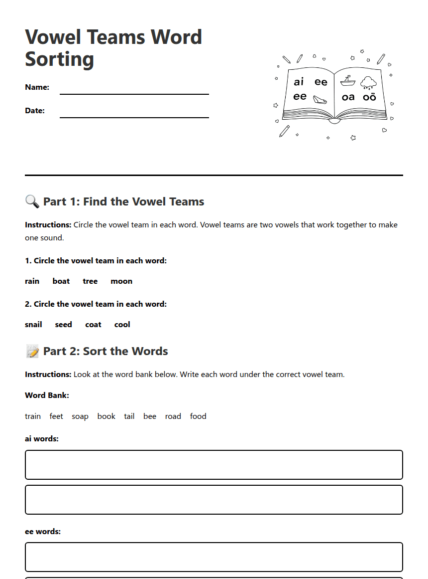 Vowel Teams Word Sorting worksheet preview