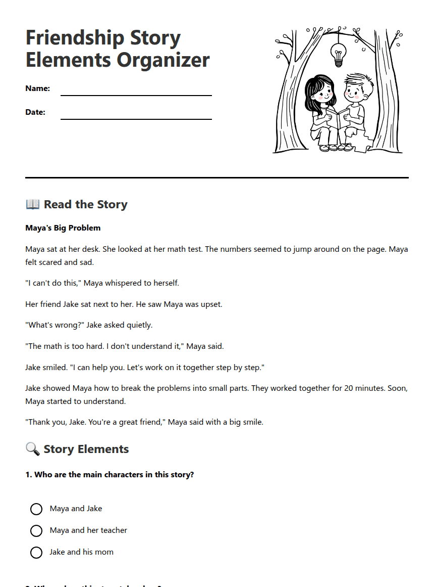 Friendship Story Elements Organizer worksheet preview