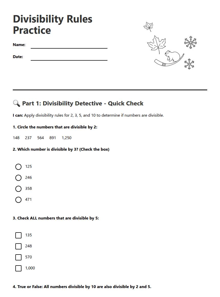 Divisibility Rules Practice worksheet preview