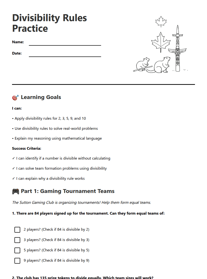 Divisibility Rules Practice worksheet preview