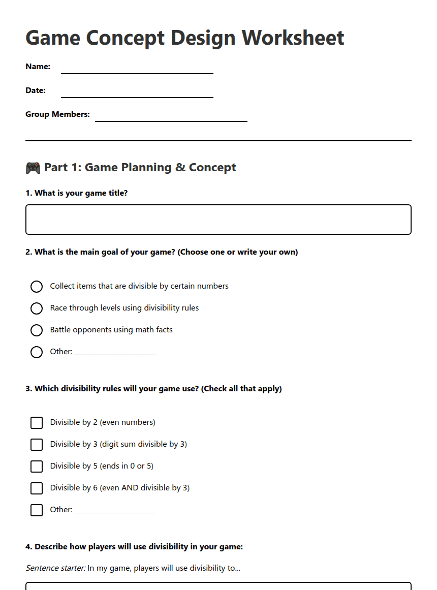 Game Concept Design Worksheet worksheet preview