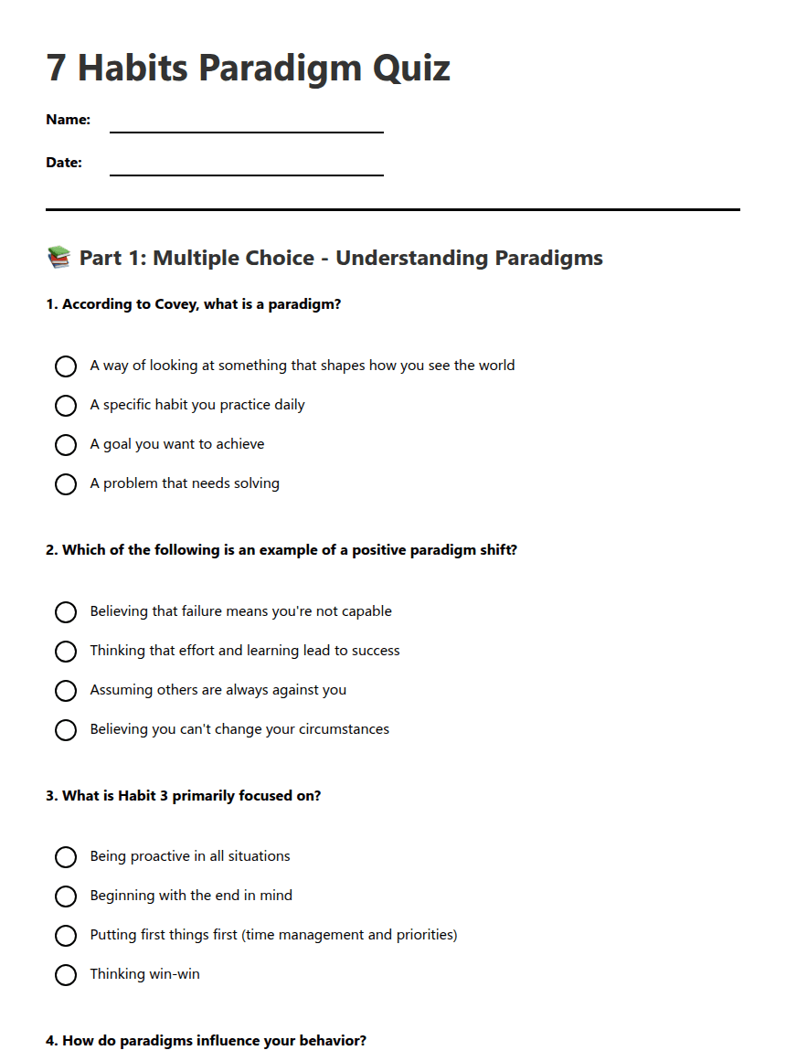 7 Habits Paradigm Quiz worksheet preview