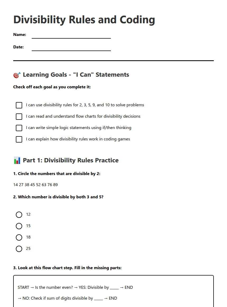 Divisibility Rules and Coding worksheet preview