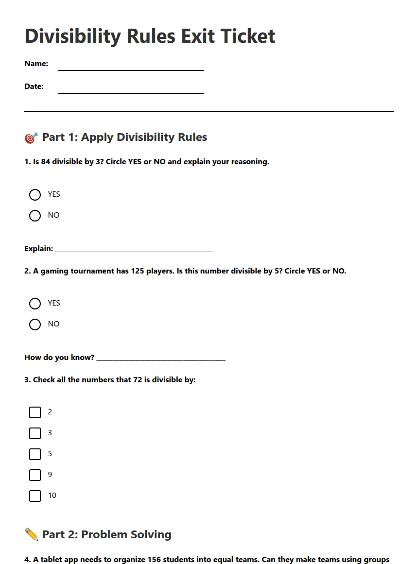 Divisibility Rules Exit Ticket worksheet preview