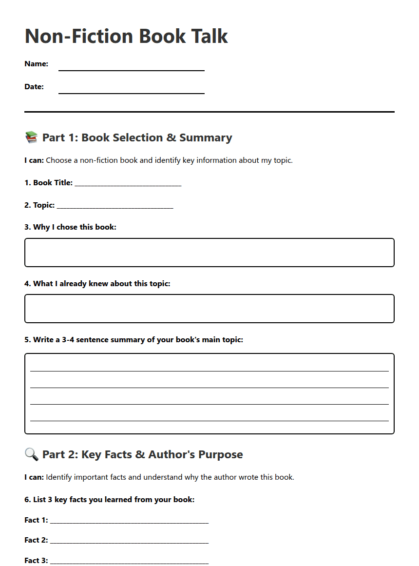 Non-Fiction Book Talk worksheet preview
