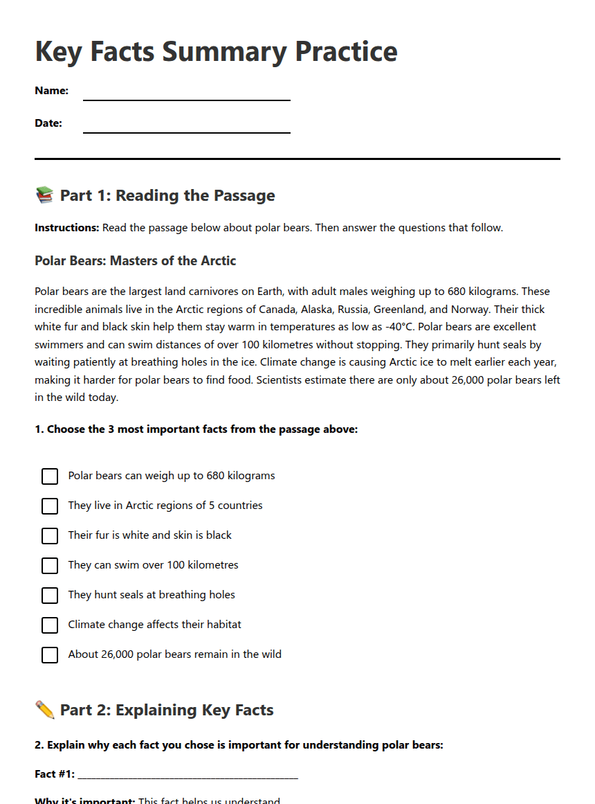 Key Facts Summary Practice worksheet preview