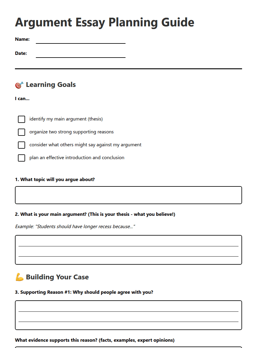 Argument Essay Planning Guide worksheet preview
