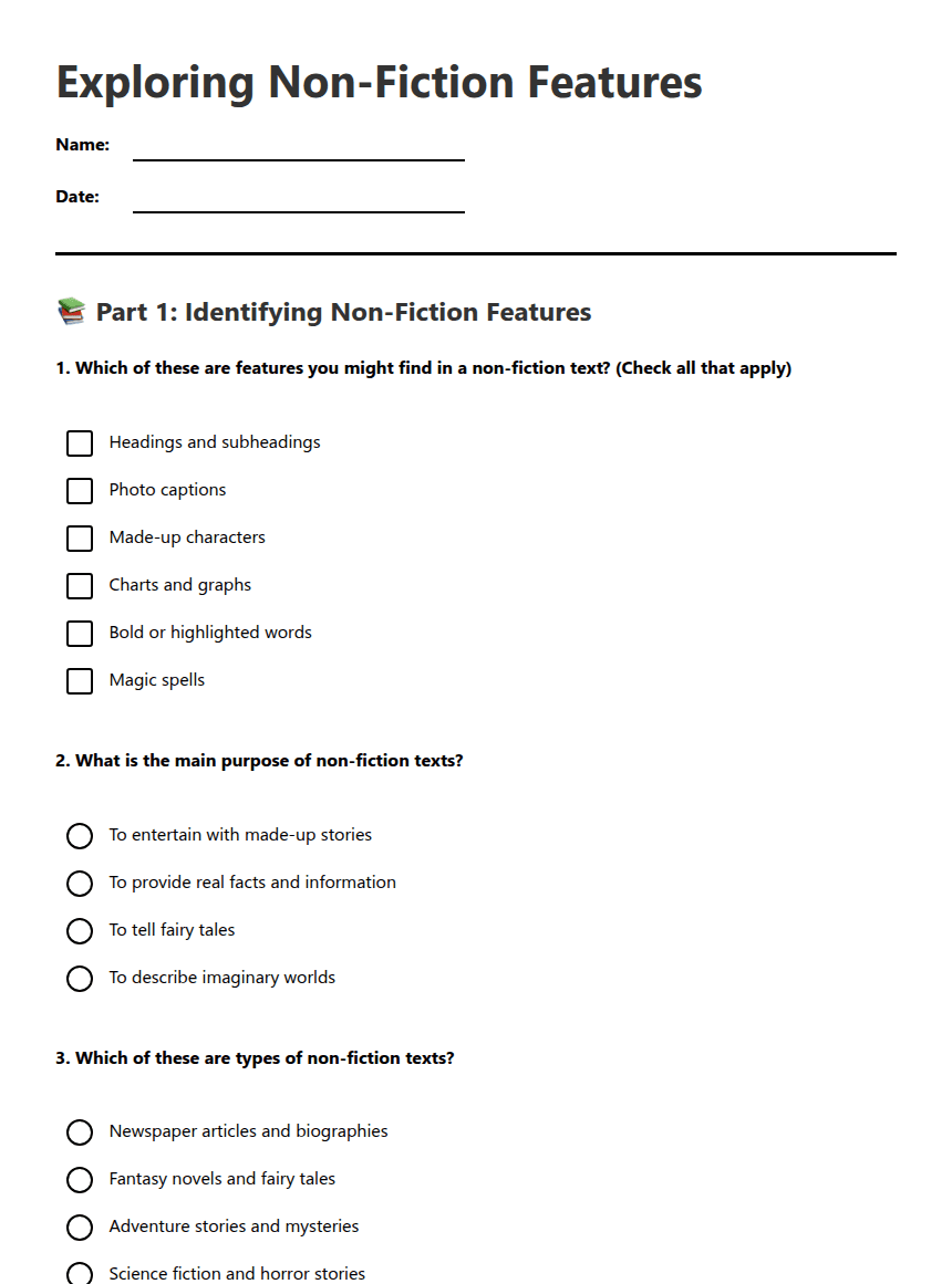 Exploring Non-Fiction Features worksheet preview