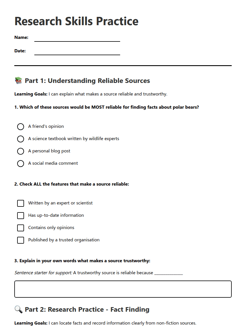 Research Skills Practice worksheet preview
