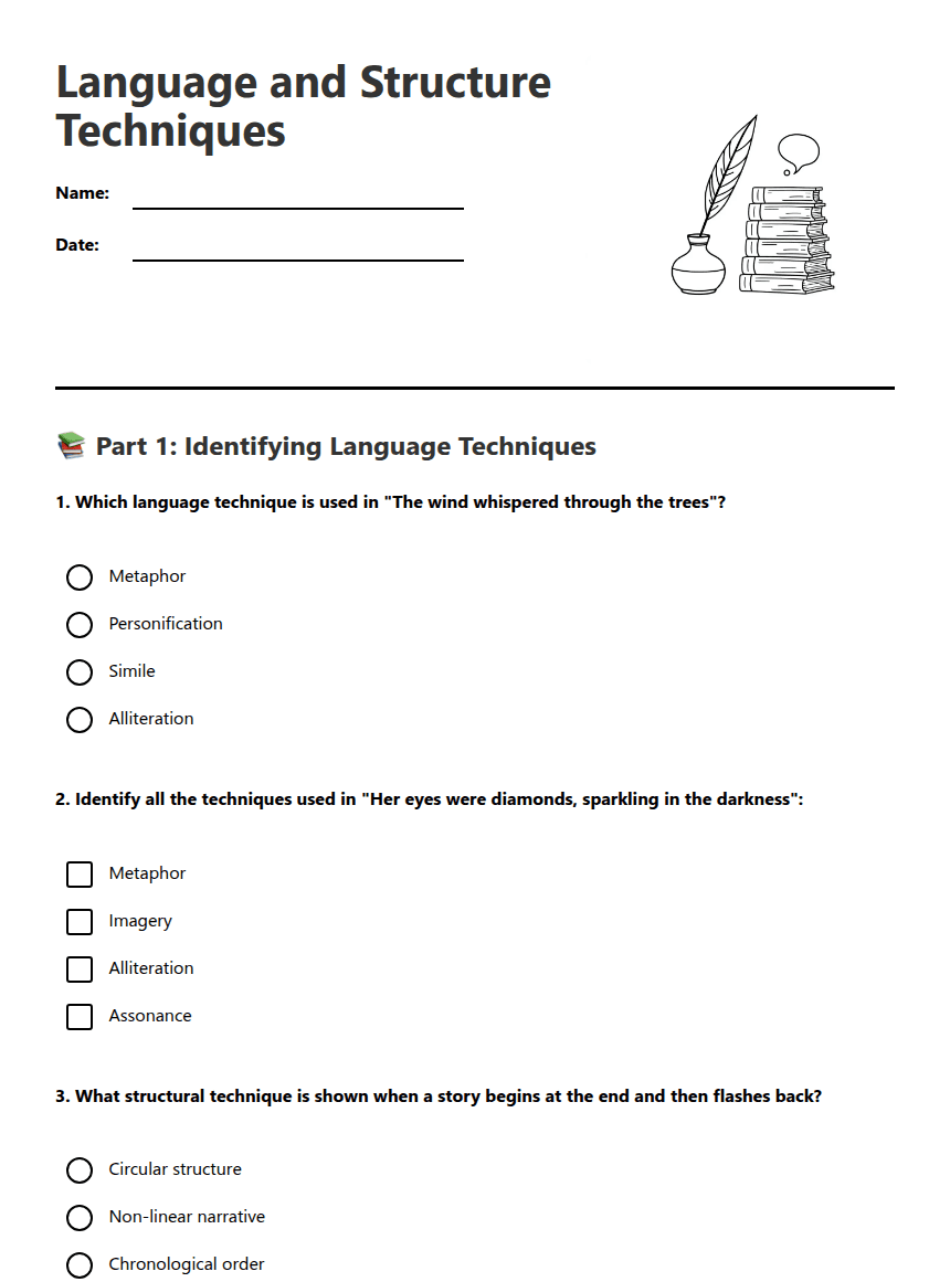 Language and Structure Techniques worksheet preview