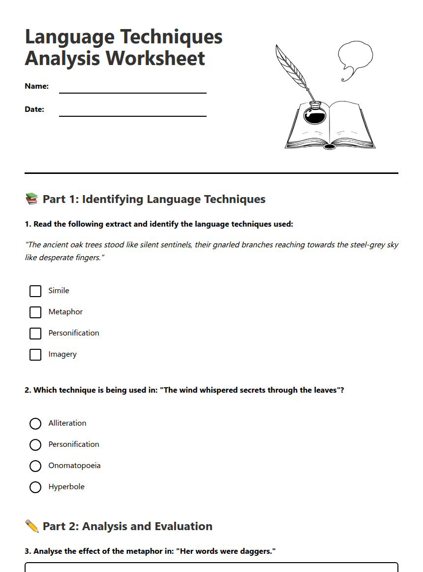 Language Techniques Analysis Worksheet worksheet preview