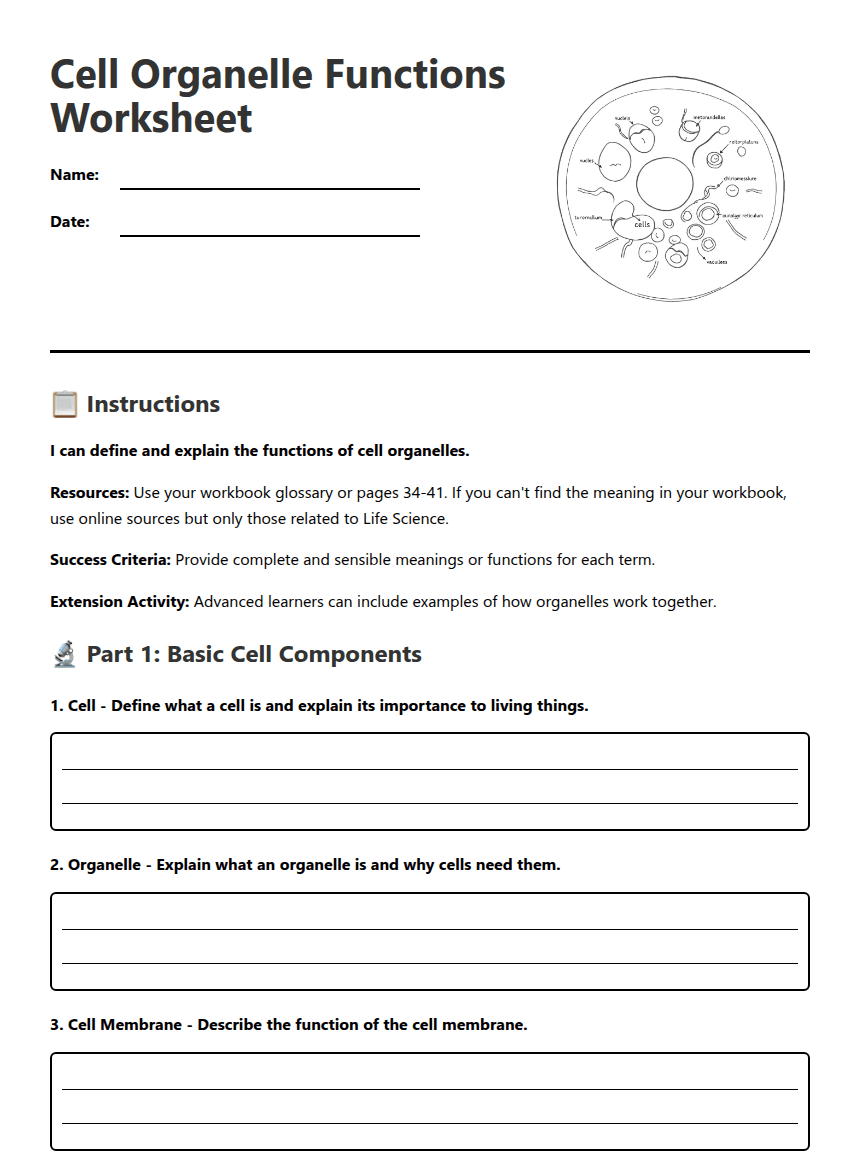 Cell Organelle Functions Worksheet worksheet preview