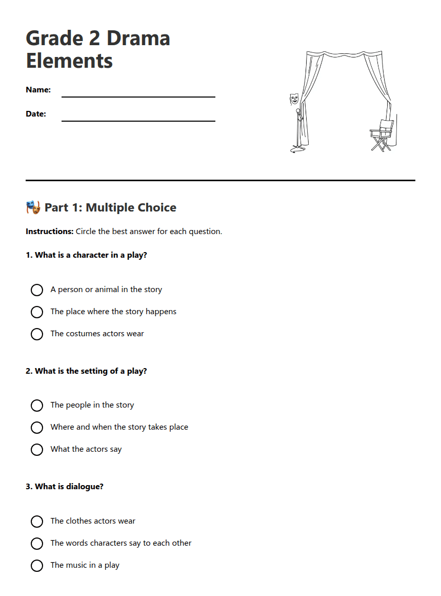 Grade 2 Drama Elements worksheet preview