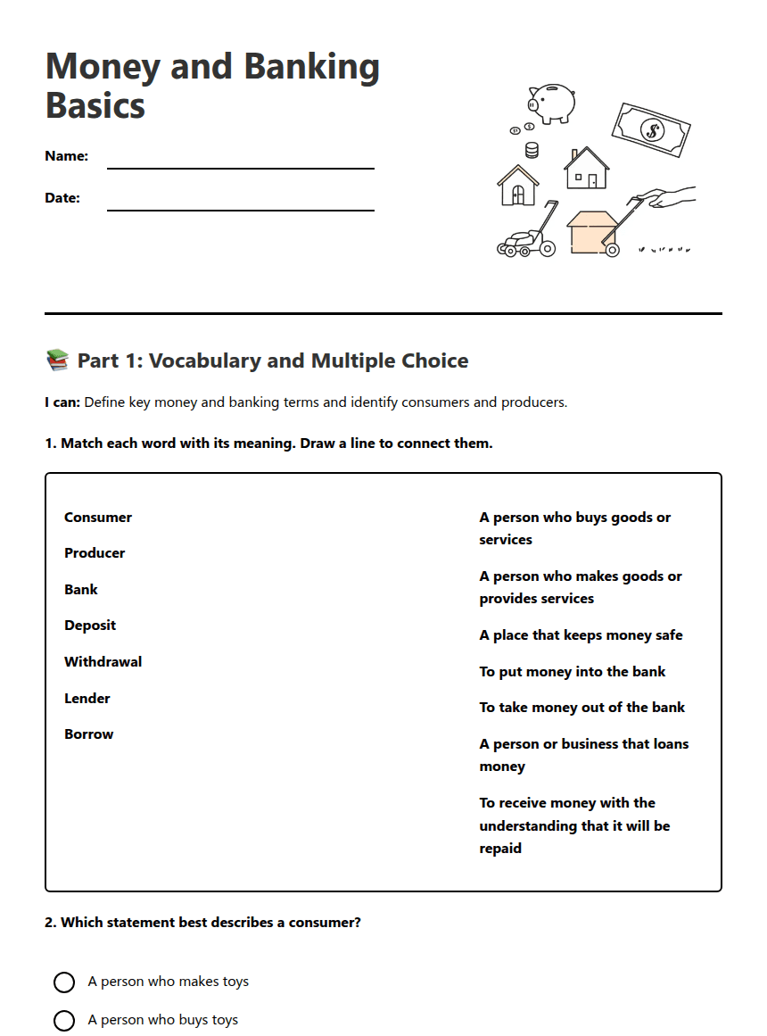 Money and Banking Basics worksheet preview