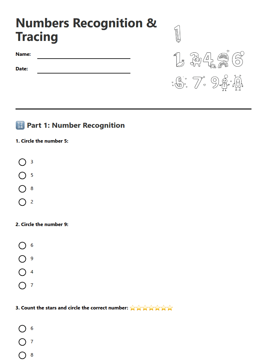 Numbers Recognition & Tracing worksheet preview