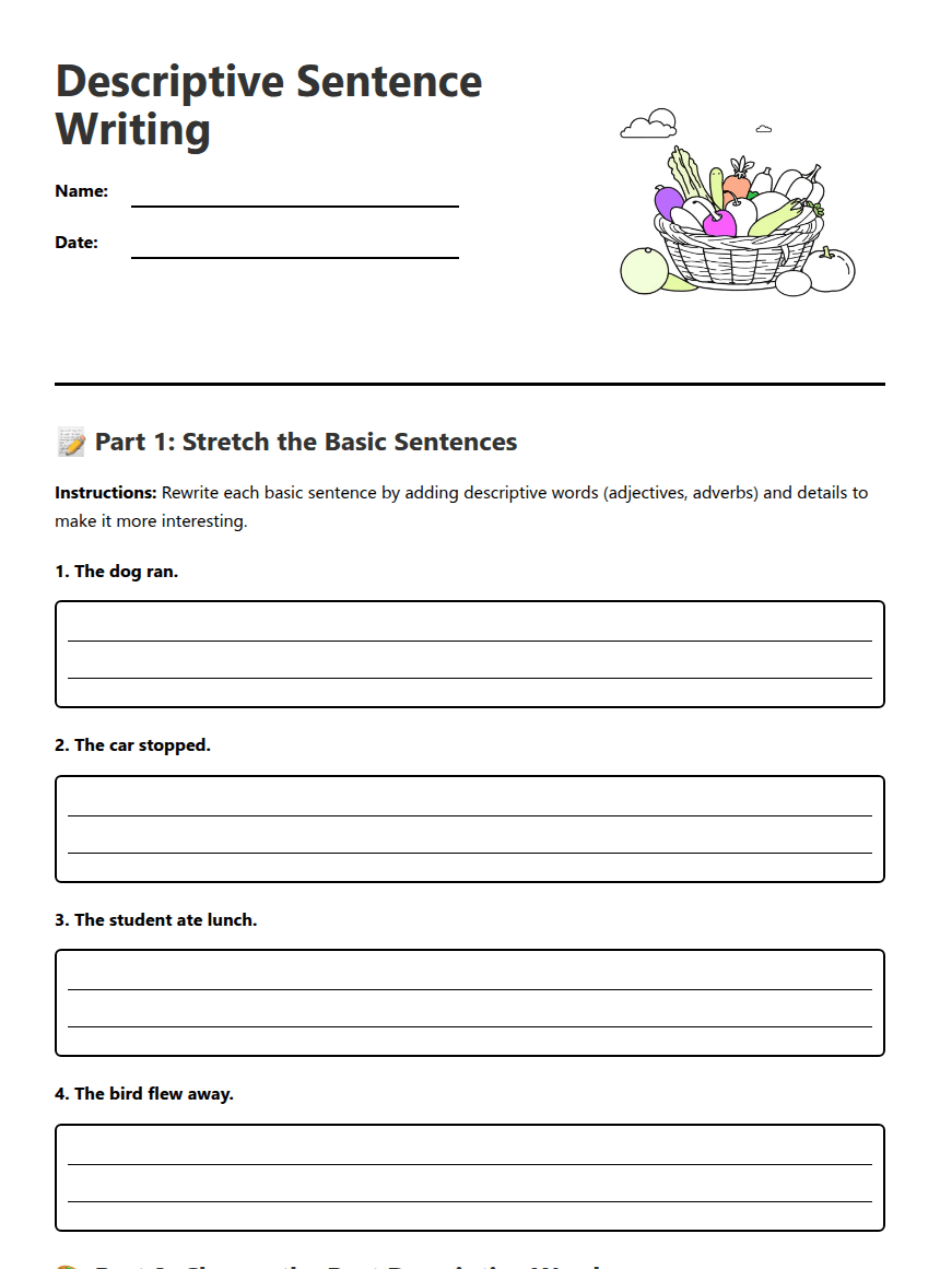 Descriptive Sentence Writing worksheet preview