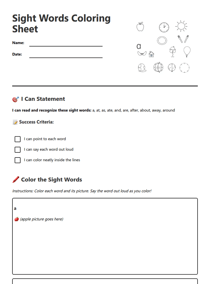 Sight Words Coloring Sheet