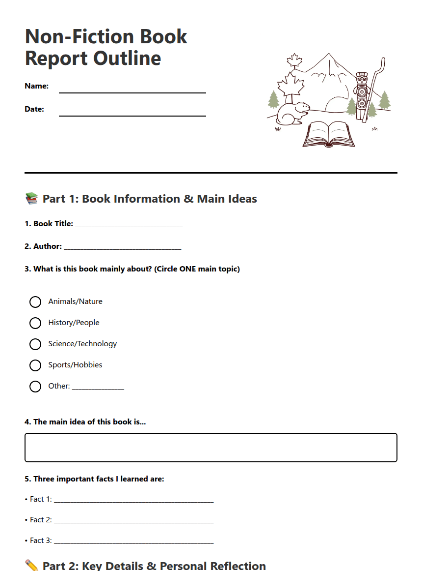 Non-Fiction Book Report Outline worksheet preview