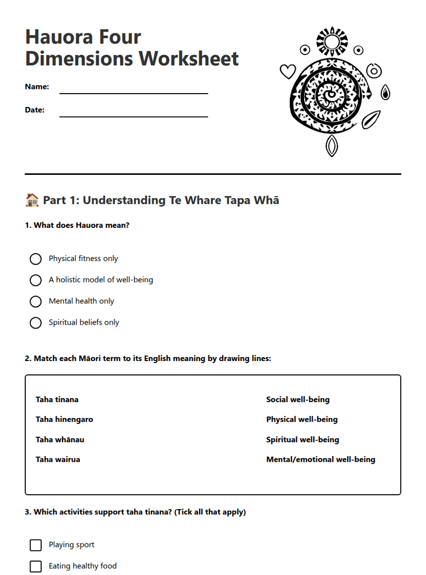 Hauora Four Dimensions Worksheet