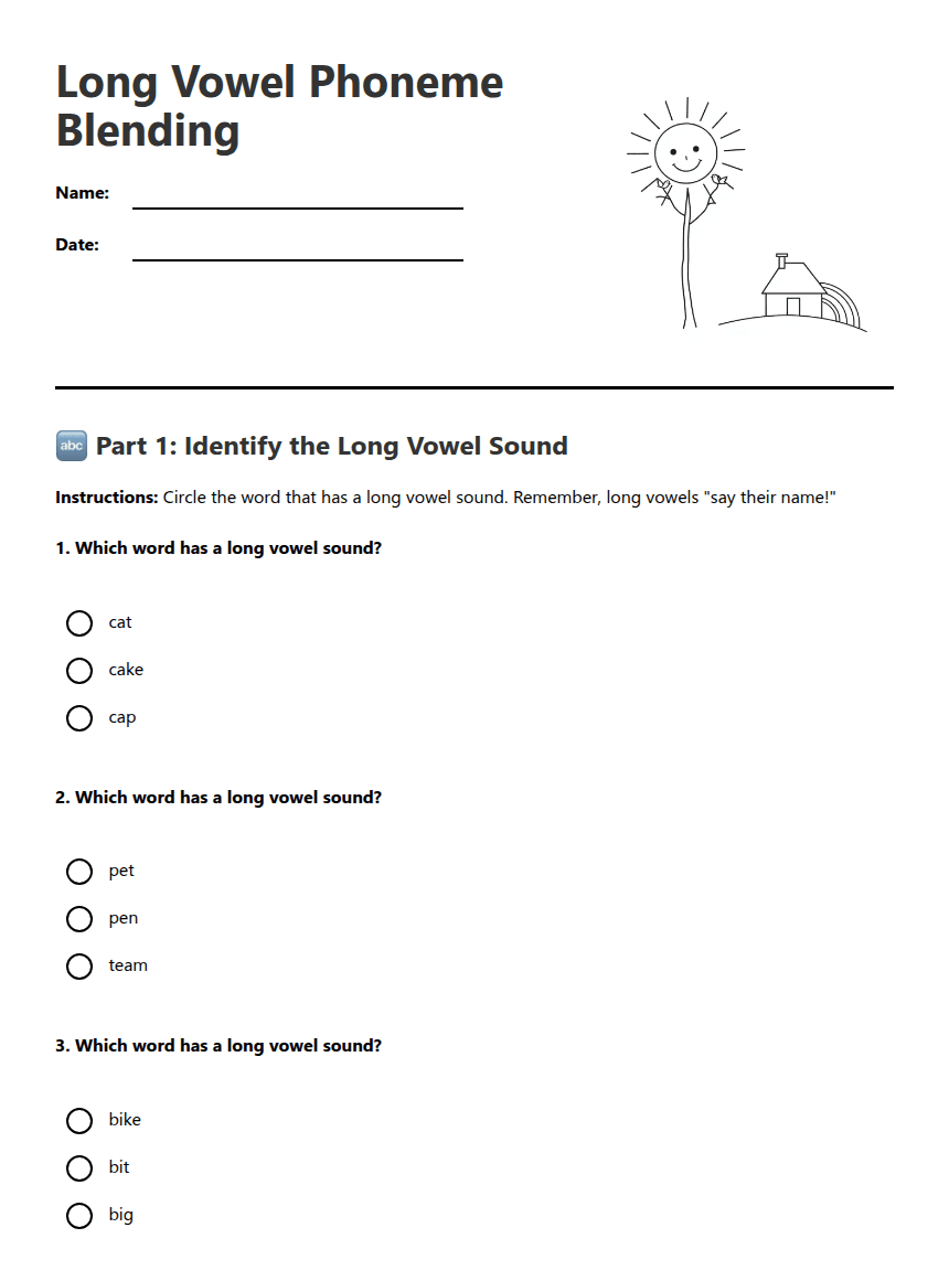 Long Vowel Phoneme Blending worksheet preview