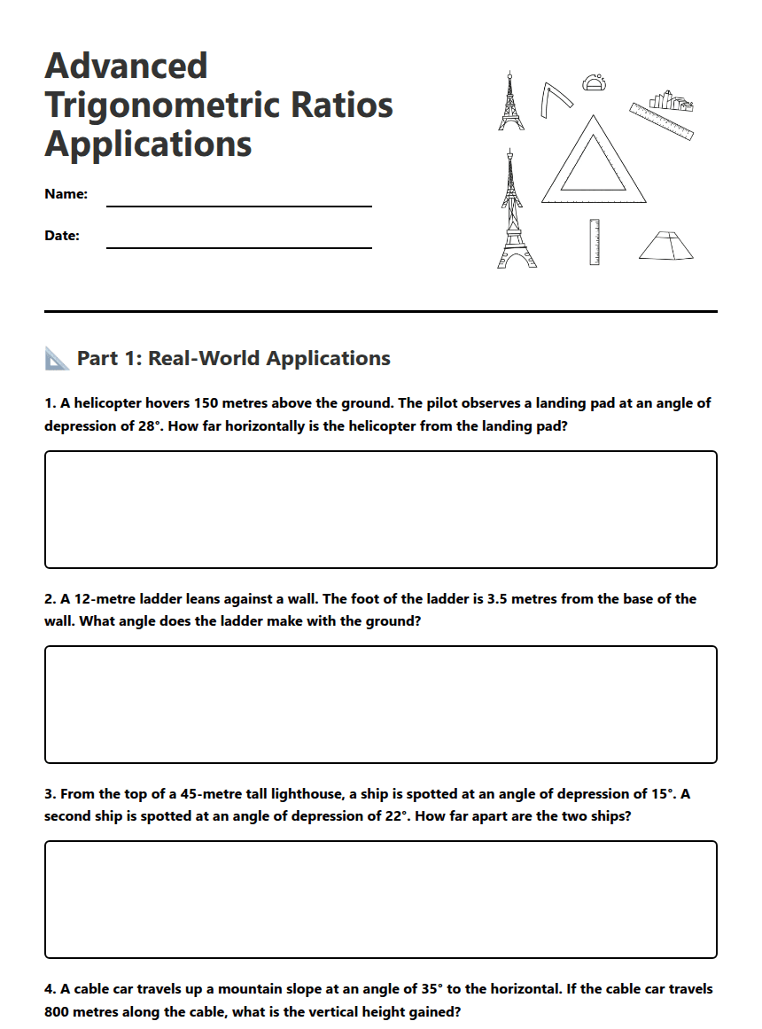 Advanced Trigonometric Ratios Applications worksheet preview