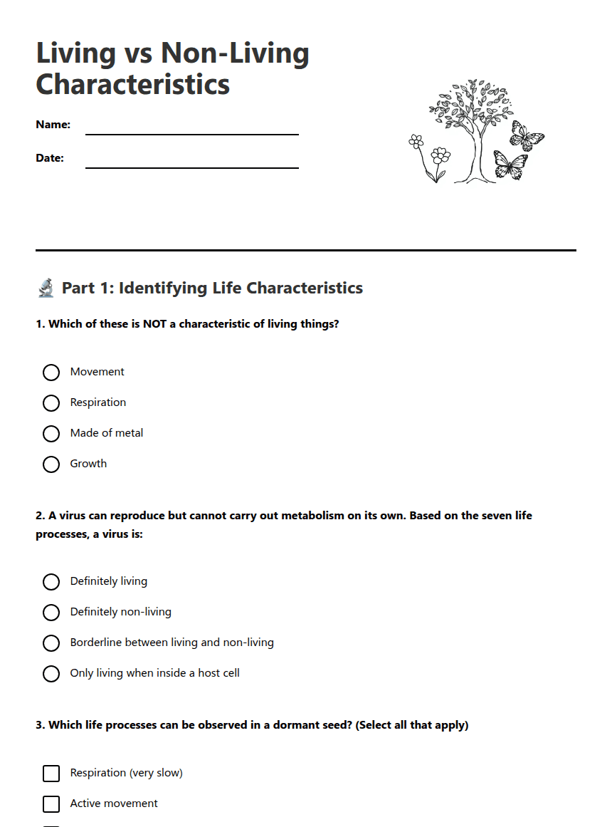 Living vs Non-Living Characteristics worksheet preview