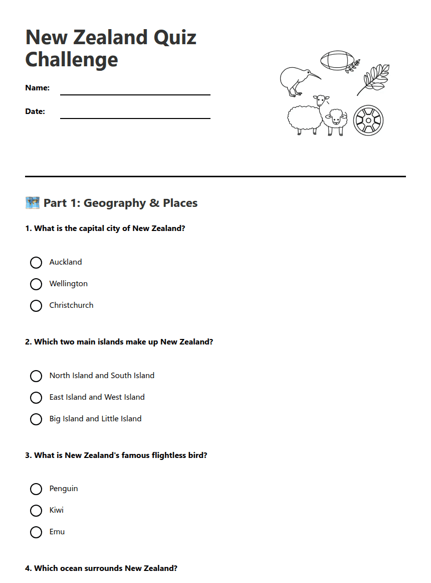 New Zealand Quiz Challenge worksheet preview