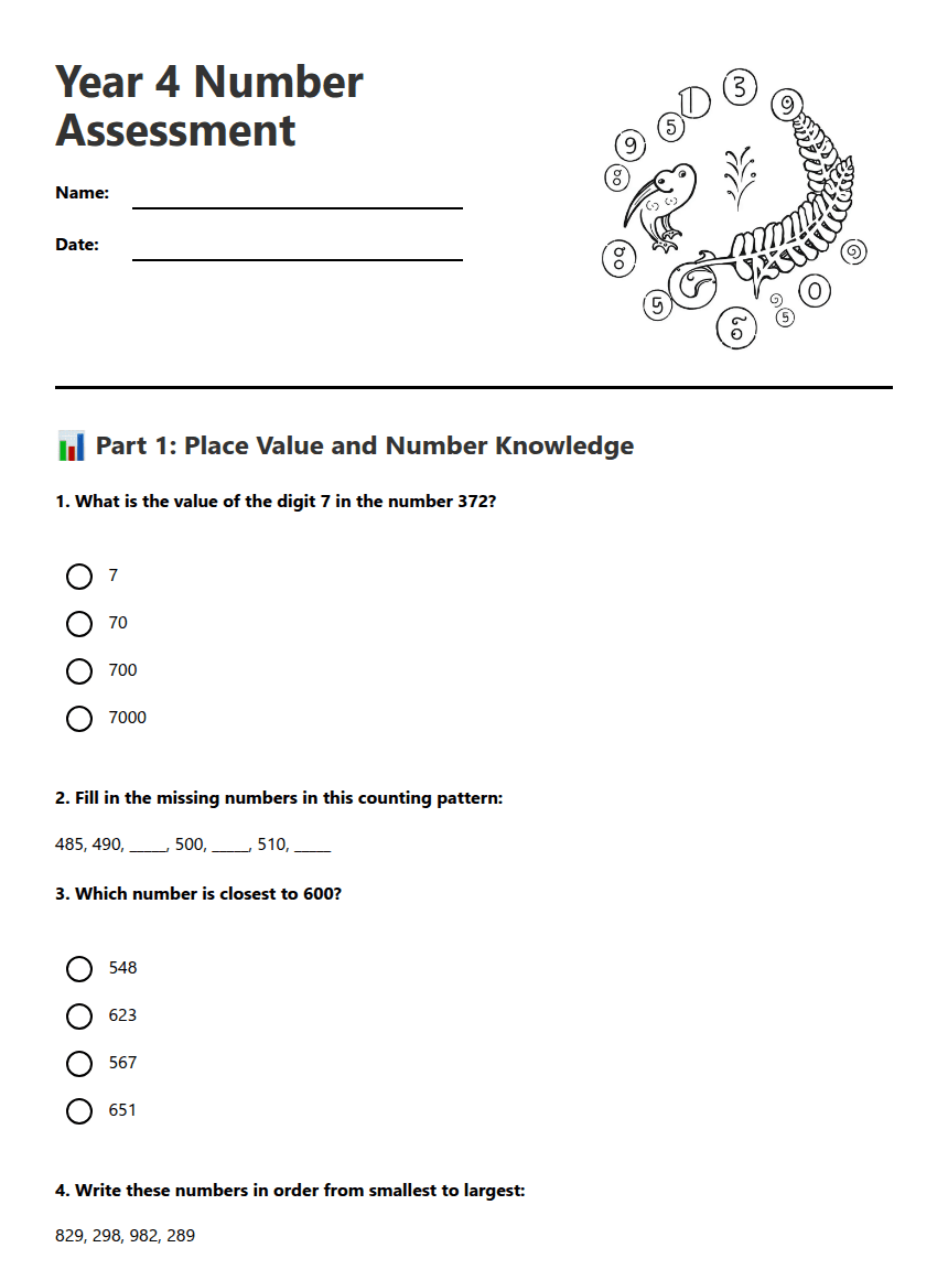 Year 4 Number Assessment worksheet preview
