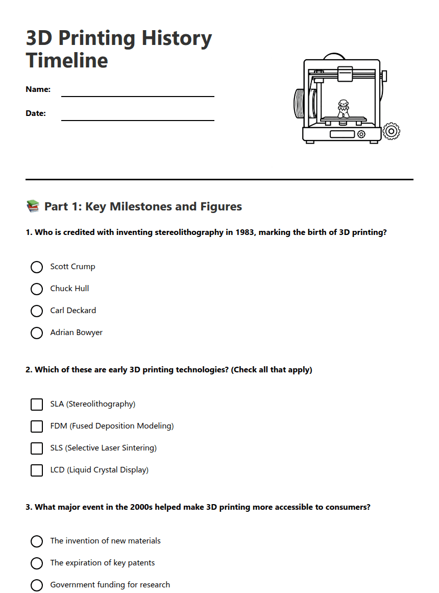 3D Printing History Timeline worksheet preview
