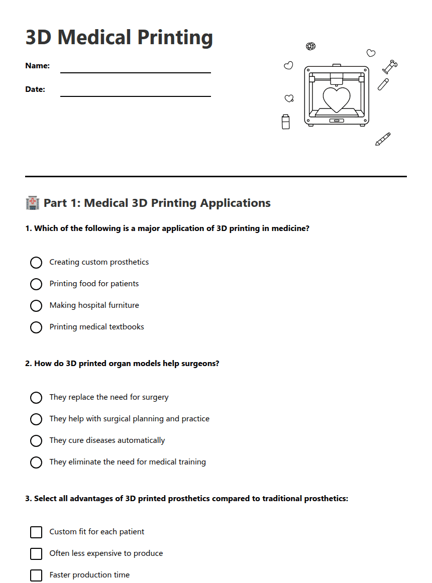 3D Medical Printing worksheet preview