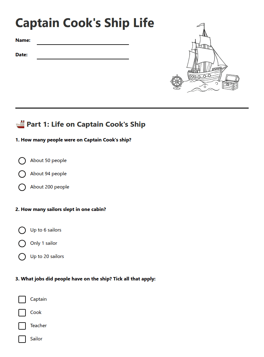 Captain Cook's Ship Life worksheet preview