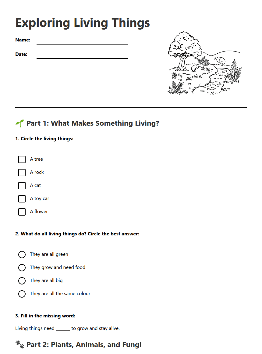 Exploring Living Things worksheet preview