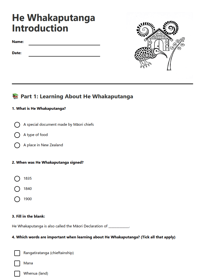 He Whakaputanga Introduction worksheet preview