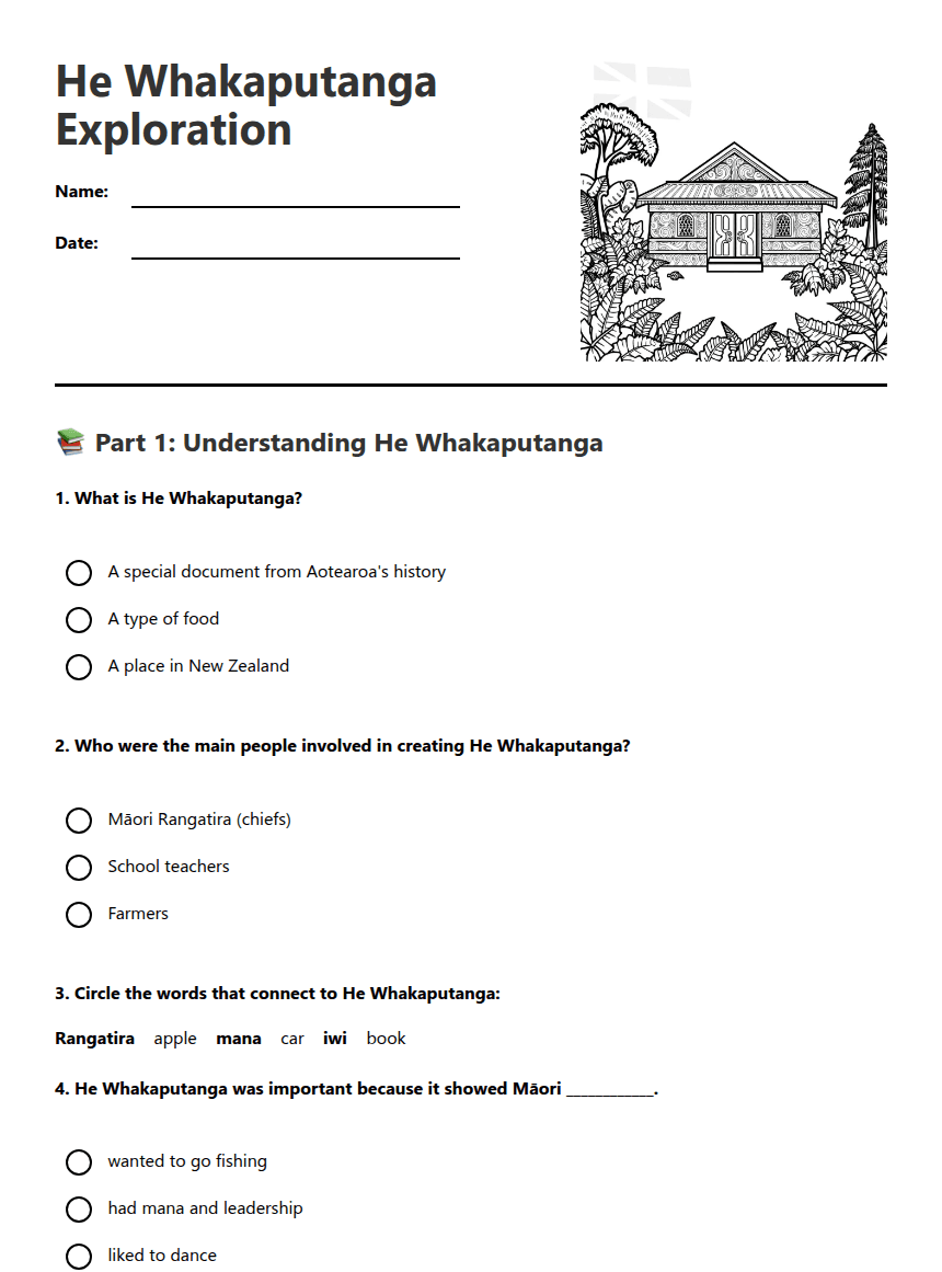 He Whakaputanga Exploration worksheet preview