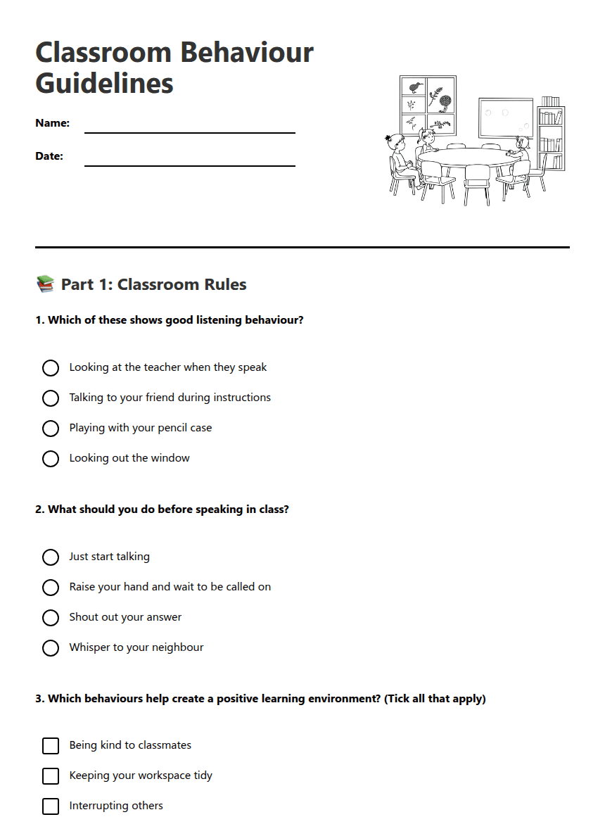 Classroom Behavior Guidelines worksheet preview