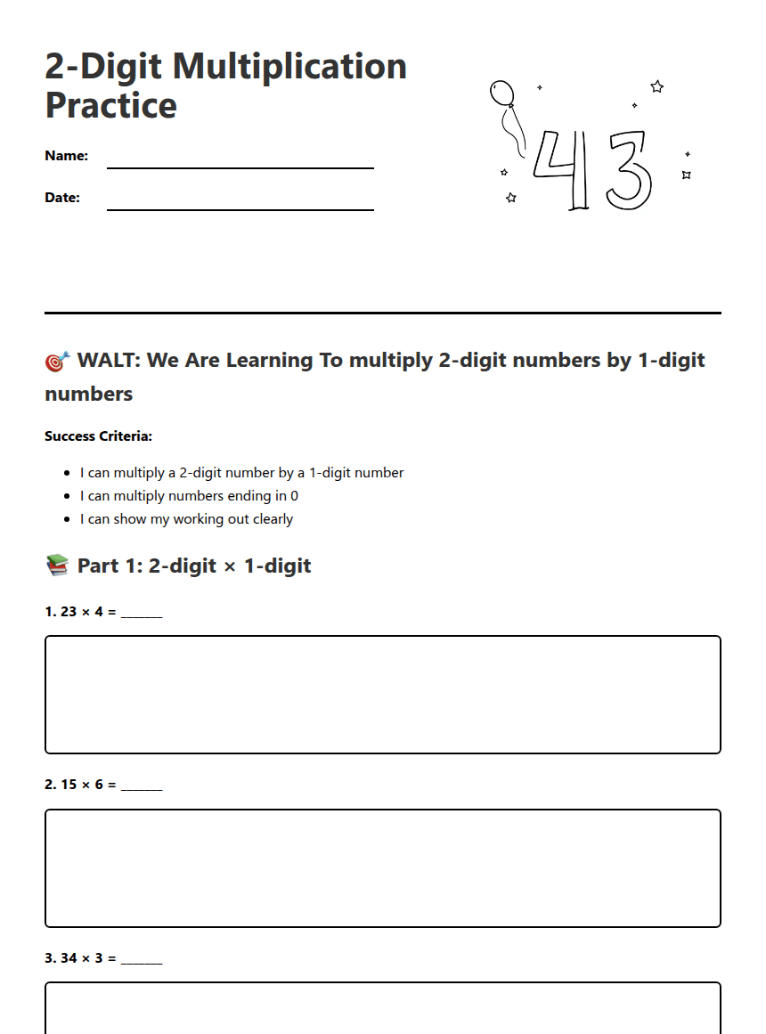 2-Digit Multiplication Practice worksheet preview