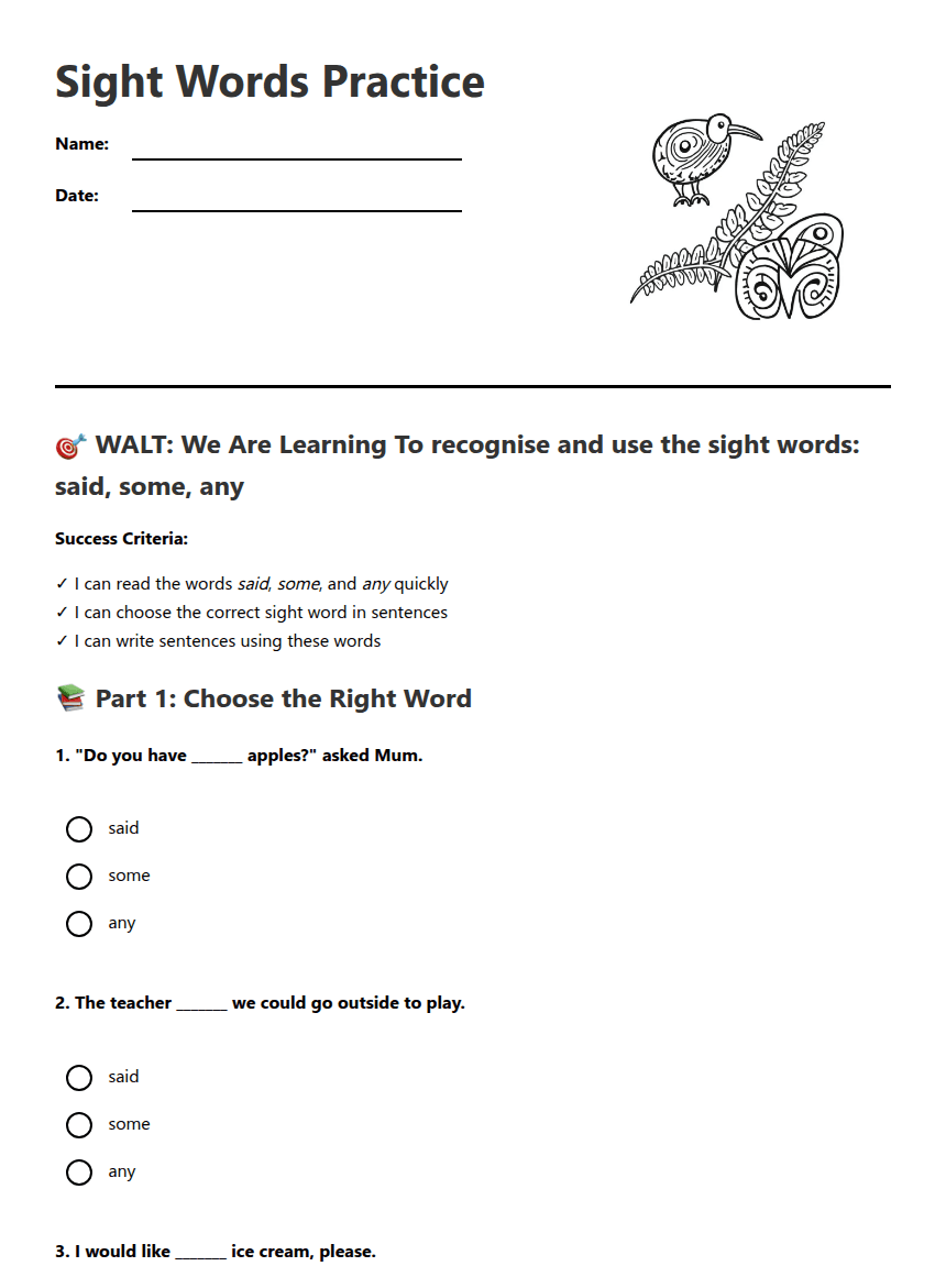 Sight Words Practice worksheet preview